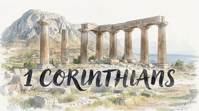 1 Corinthians sermon series: watercolour painting of the ruined Temple of Apollo at ancient Corinth, with the rocky Acrocorinth behind and the sea beyond, in soft morning light