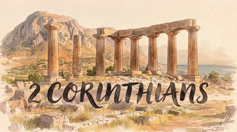 2 Corinthians sermon series: watercolour painting of the ruined Temple of Apollo at ancient Corinth, with the rocky Acrocorinth behind, in warm golden light