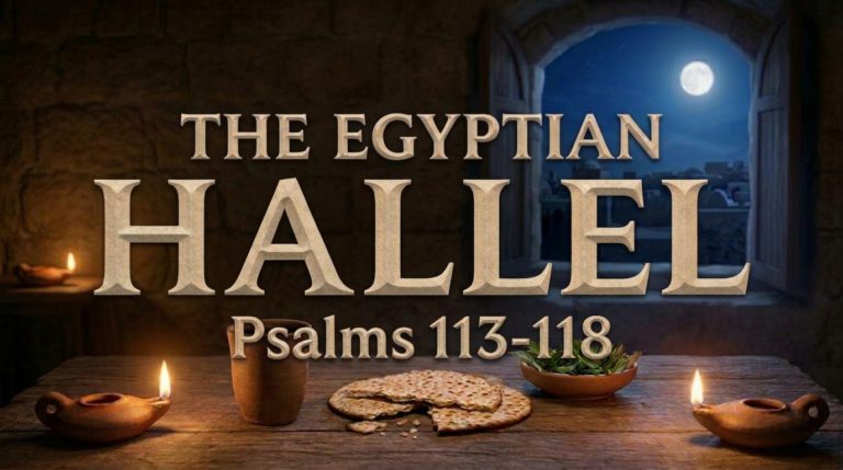 The Egyptian Hallel sermon series, Psalms 113–118: a candlelit Passover table with flatbread, wine and herbs beneath an arched window showing a full moon over Jerusalem