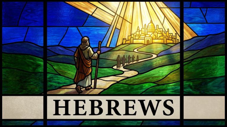 Hebrews sermon series: stained-glass window of a pilgrim with a staff walking a winding path through green hills towards a radiant golden city, with other travellers ahead