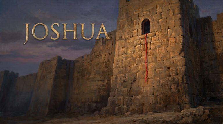 Joshua sermon series: a scarlet cord hanging from a window high in the ancient stone walls of Jericho at dusk