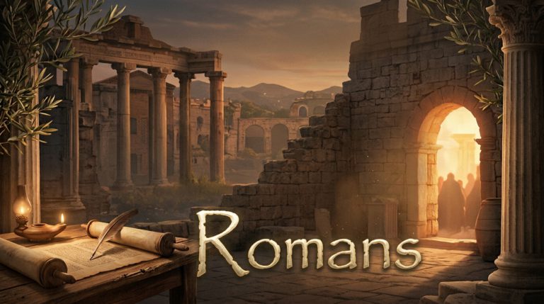 Romans sermon series: an open scroll, quill and oil lamp on a table among ancient Roman ruins at dusk, with figures in a glowing archway